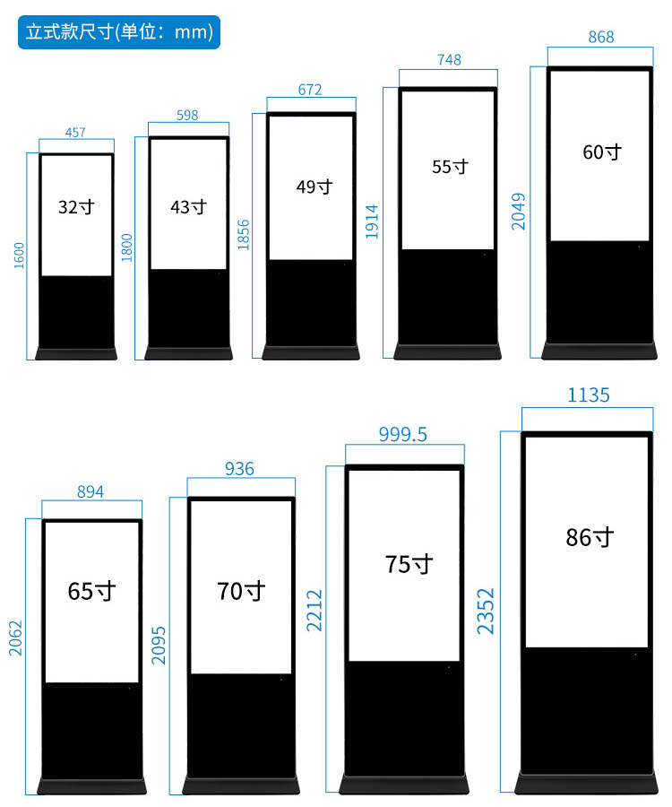 立式广告机尺寸对照表